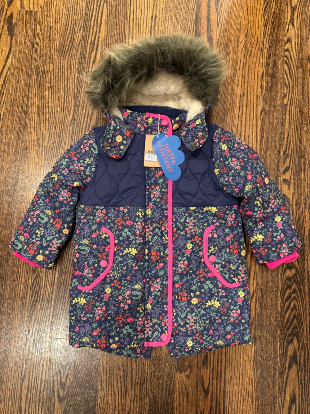 NWT! Mini Boden size 2-3Y Kids' Water Resistant Quilted Parka with Faux Fur Trim